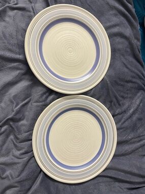 Pfaltzgraff Cream 10” Dinner Plates with Lavender-Blue Band - Set of 2